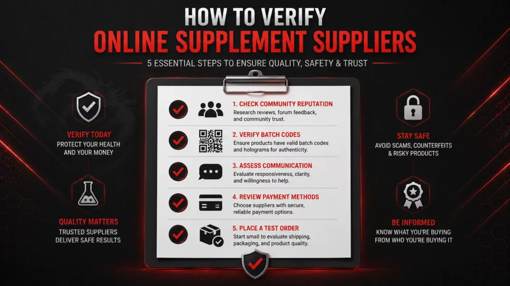 How to Verify Steroid Suppliers Online: A 2026 Guide Step-by-step guide to verifying steroid suppliers online showing checklist with five items: community feedback, batch codes, communication, payments, and test order.