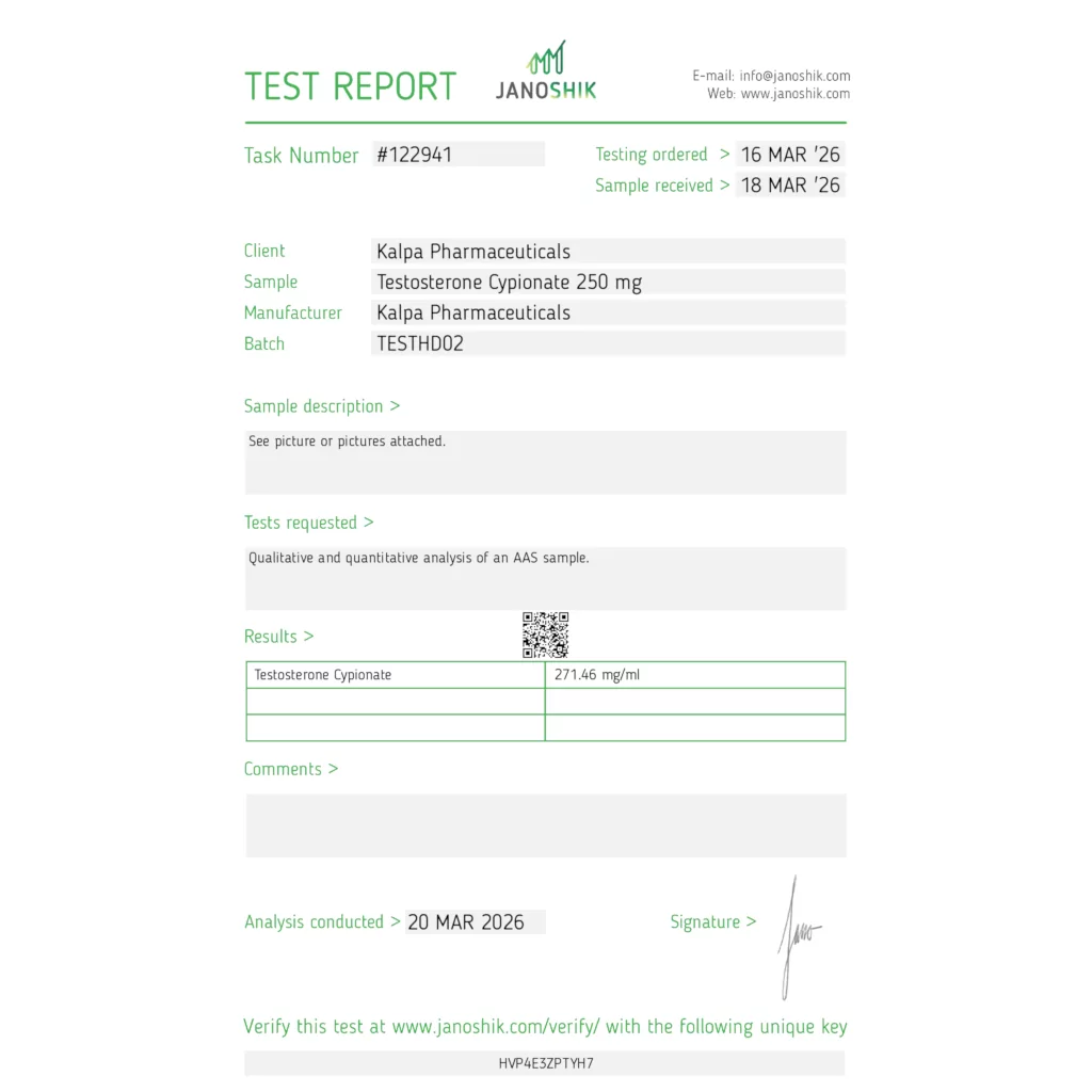 Janoshik lab test certificate for Testoxyl Cypionate 250 mg by Kalpa Pharmaceuticals showing 271.46 mg/mL